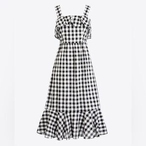 J. Crew Black & White Gingham Ruffle-Hem Midi Dress